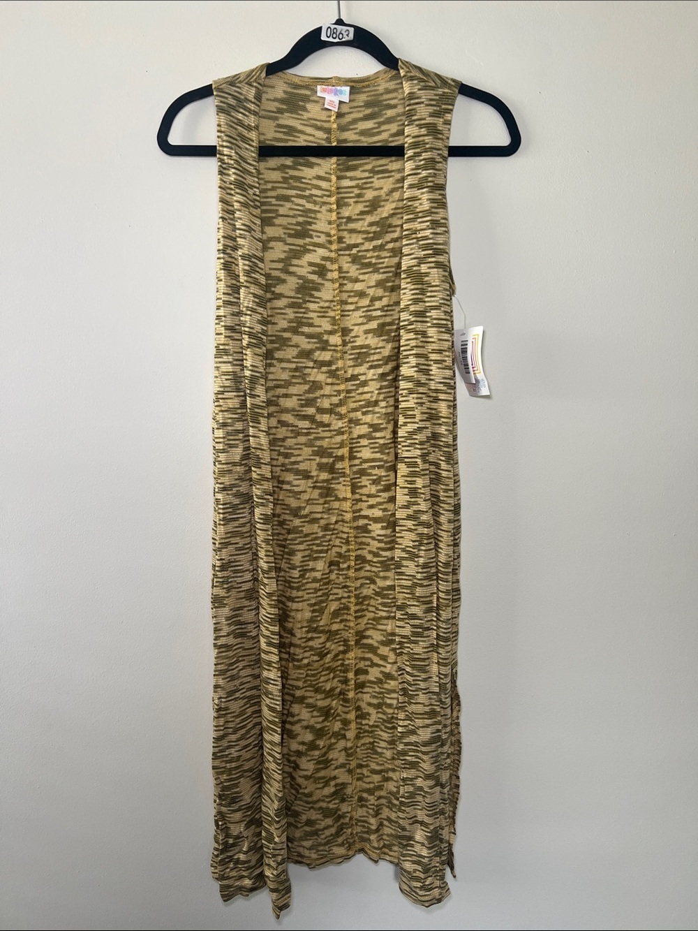 LuLaRoe Joy Olive, Yellow, and Cream Knit Longline Vest